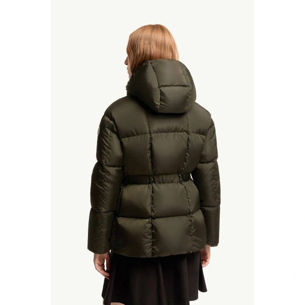 Moncler Agneux Hooded Short Down Jacket in Dark Green, view 5 | Women's Puffer Jackets | Coveti