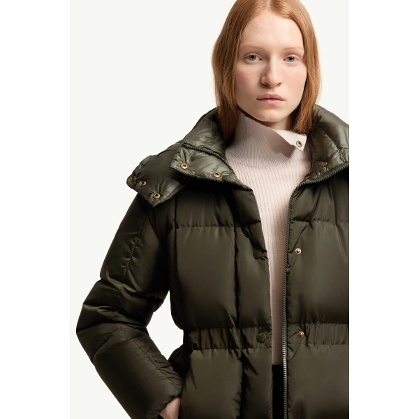Moncler Agneux Hooded Short Down Jacket in Dark Green, view 6 | Women's Puffer Jackets | Coveti