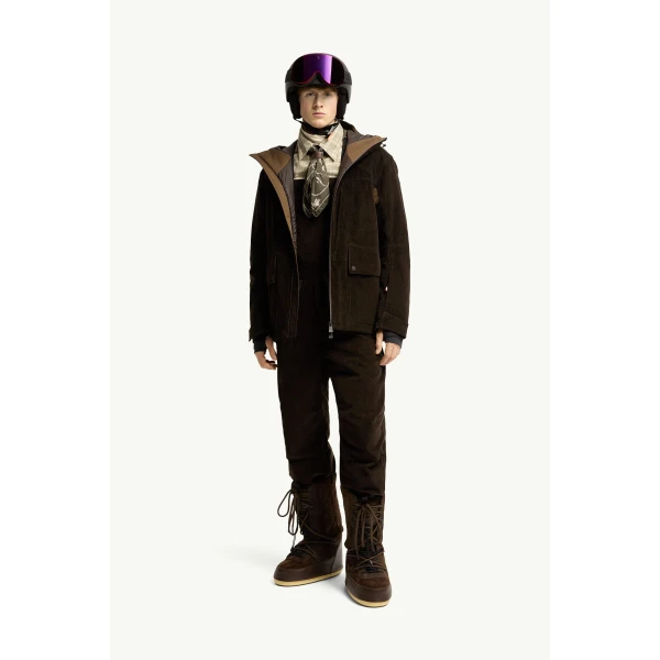 Moncler Airolo Corduroy Insulated Hooded Ski Jacket in Dark Brown, view 2 | Men's Skiwear | Coveti