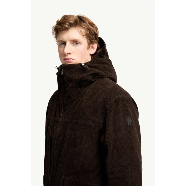 Moncler Airolo Corduroy Insulated Hooded Ski Jacket in Dark Brown, view 3 | Men's Skiwear | Coveti