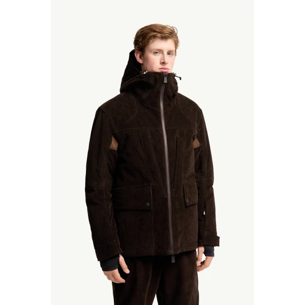 Moncler Airolo Corduroy Insulated Hooded Ski Jacket in Dark Brown, view 4 | Men's Skiwear | Coveti