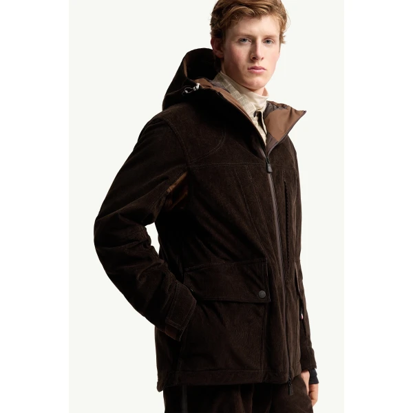 Moncler Airolo Corduroy Insulated Hooded Ski Jacket in Dark Brown, view 6 | Men's Skiwear | Coveti