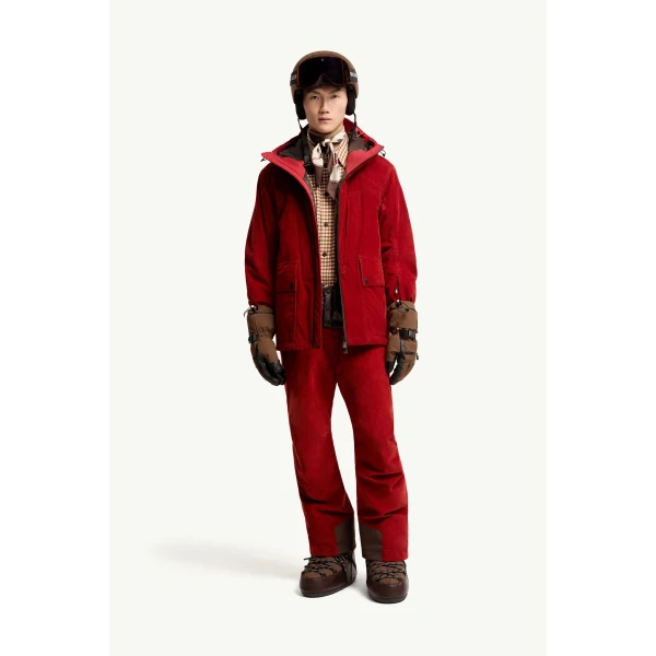 Moncler Airolo Corduroy Insulated Hooded Ski Jacket in Dark Red, view 2 | Men's Skiwear | Coveti