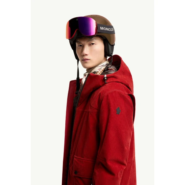 Moncler Airolo Corduroy Insulated Hooded Ski Jacket in Dark Red, view 3 | Men's Skiwear | Coveti