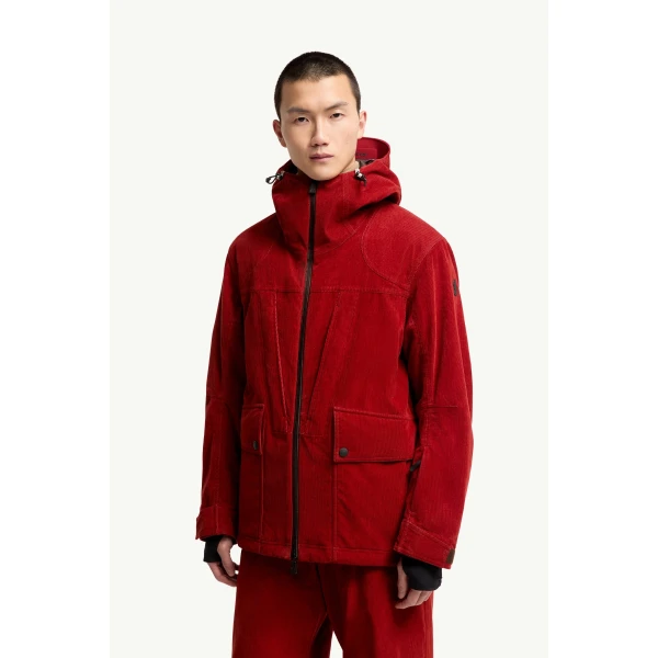 Moncler Airolo Corduroy Insulated Hooded Ski Jacket in Dark Red, view 4 | Men's Skiwear | Coveti