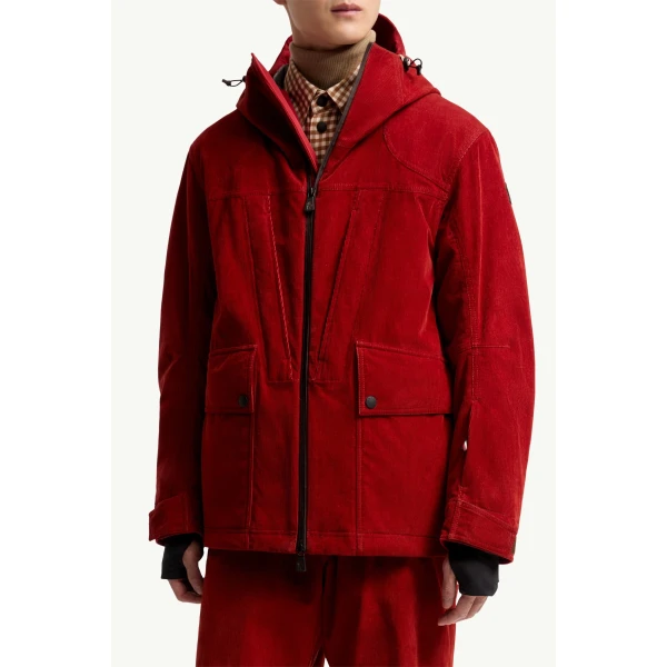 Moncler Airolo Corduroy Insulated Hooded Ski Jacket in Dark Red, view 6 | Men's Skiwear | Coveti