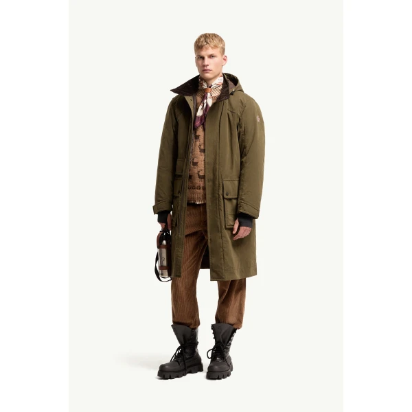 Moncler Allaine Long Padded Hooded Canvas Parka Jacket in Olive Green, view 2 | Men's Coats | Coveti
