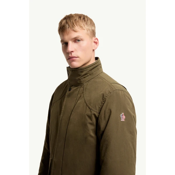 Moncler Allaine Long Padded Hooded Canvas Parka Jacket in Olive Green, view 3 | Men's Coats | Coveti