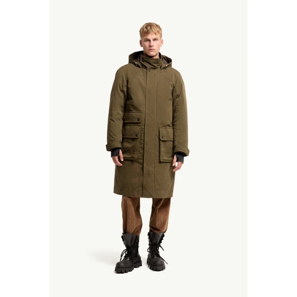 Moncler Allaine Long Padded Hooded Canvas Parka Jacket in Olive Green, view 4 | Men's Coats | Coveti