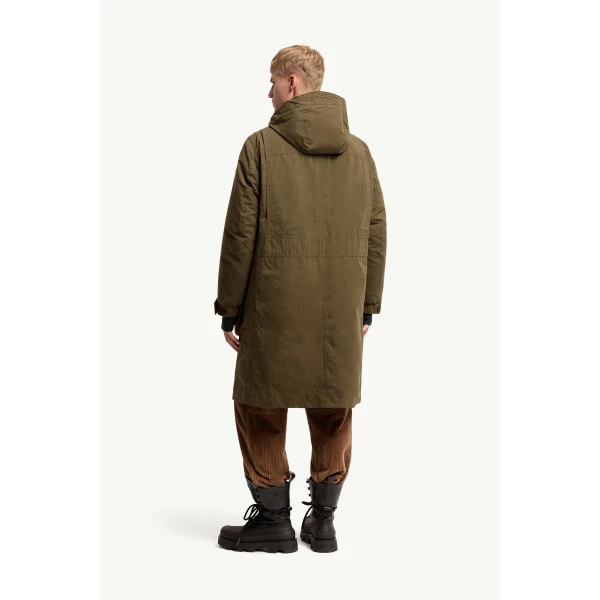 Moncler Allaine Long Padded Hooded Canvas Parka Jacket in Olive Green, view 5 | Men's Coats | Coveti