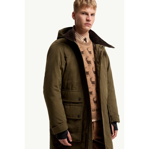 Moncler Allaine Long Padded Hooded Canvas Parka Jacket in Olive Green, view 6 | Men's Coats | Coveti