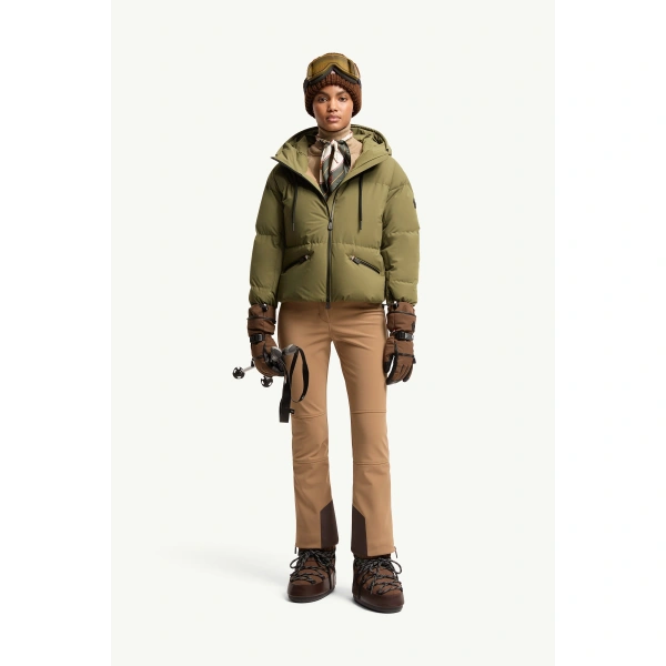 Moncler Allesaz Hooded Insulated Ski Jacket in Olive Green, view 2 | Women's Ski Jackets | Coveti