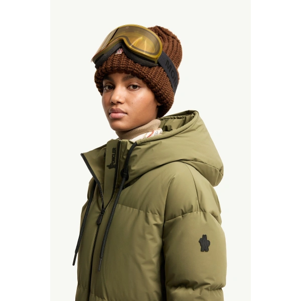 Moncler Allesaz Hooded Insulated Ski Jacket in Olive Green, view 3 | Women's Ski Jackets | Coveti