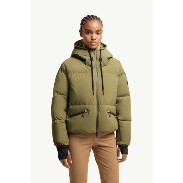 Moncler Allesaz Hooded Insulated Ski Jacket in Olive Green, view 4 | Women's Ski Jackets | Coveti