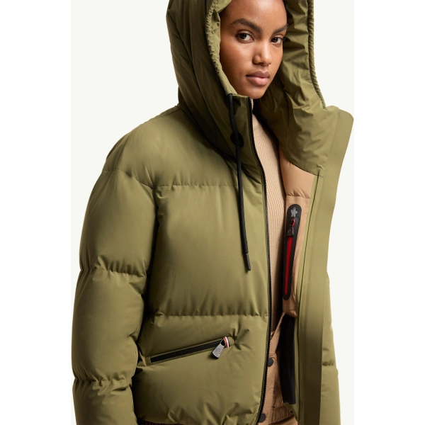 Moncler Allesaz Hooded Insulated Ski Jacket in Olive Green, view 6 | Women's Ski Jackets | Coveti