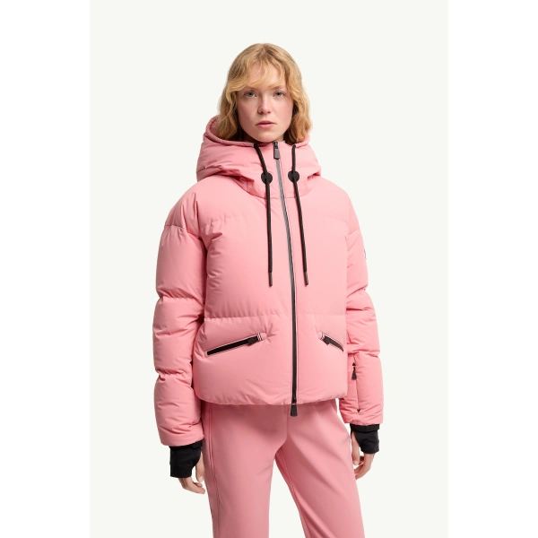 Moncler Allesaz Hooded Insulated Ski Jacket in Pink, view 4 | Women's Ski Jackets | Coveti