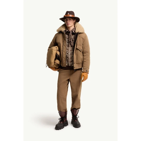 Moncler Alpental Shearling-Trimmed Canvas Down Bomber Jacket in Camel Beige, view 2 | Men's Jackets | Coveti