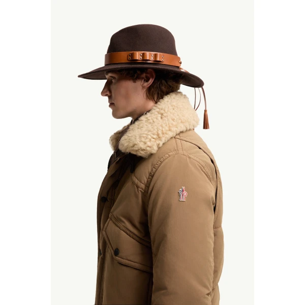 Moncler Alpental Shearling-Trimmed Canvas Down Bomber Jacket in Camel Beige, view 3 | Men's Jackets | Coveti