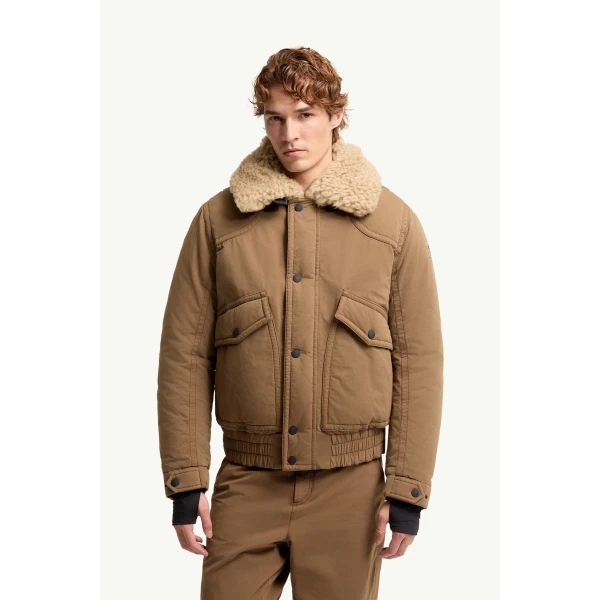 Moncler Alpental Shearling-Trimmed Canvas Down Bomber Jacket in Camel Beige, view 4 | Men's Jackets | Coveti