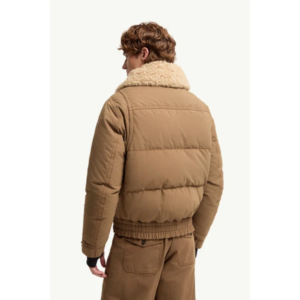 Moncler Alpental Shearling-Trimmed Canvas Down Bomber Jacket in Camel Beige, view 5 | Men's Jackets | Coveti