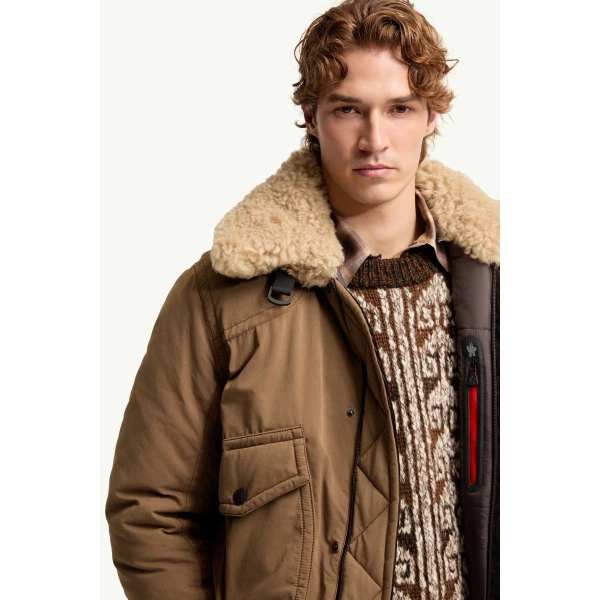 Moncler Alpental Shearling-Trimmed Canvas Down Bomber Jacket in Camel Beige, view 6 | Men's Jackets | Coveti