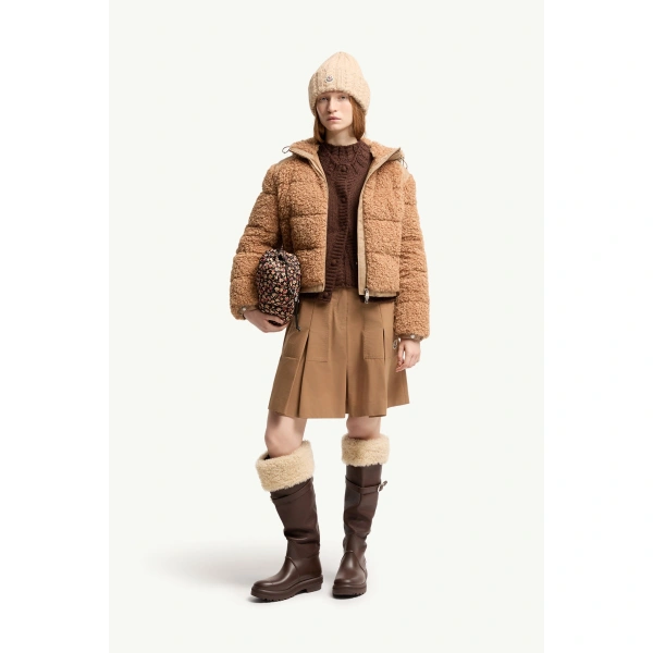 Moncler Alpestre Hooded Teddy Short Down Jacket in Beige, view 2 | Women's Puffer Jackets | Coveti