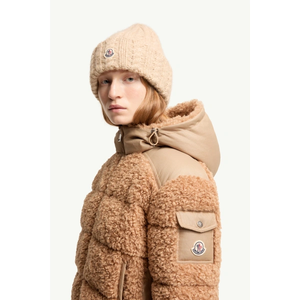 Moncler Alpestre Hooded Teddy Short Down Jacket in Beige, view 3 | Women's Puffer Jackets | Coveti