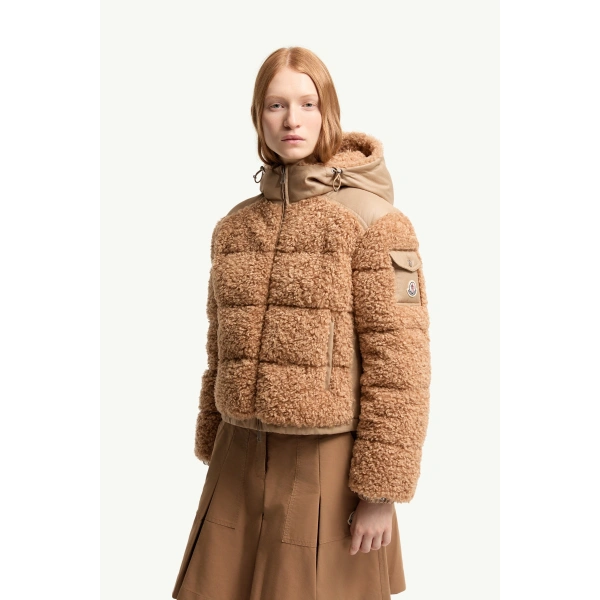 Moncler Alpestre Hooded Teddy Short Down Jacket in Beige, view 4 | Women's Puffer Jackets | Coveti