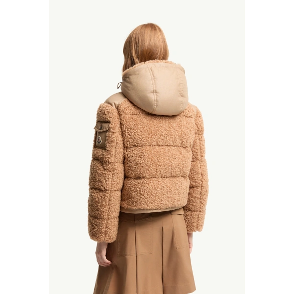 Moncler Alpestre Hooded Teddy Short Down Jacket in Beige, view 5 | Women's Puffer Jackets | Coveti