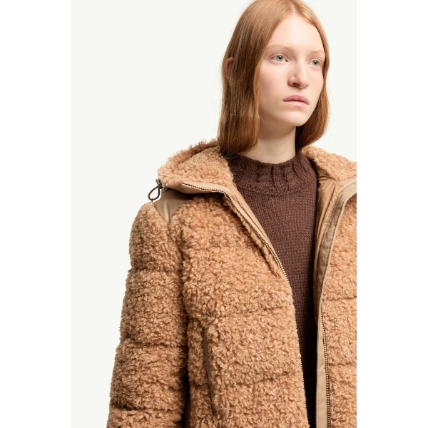 Moncler Alpestre Hooded Teddy Short Down Jacket in Beige, view 6 | Women's Puffer Jackets | Coveti