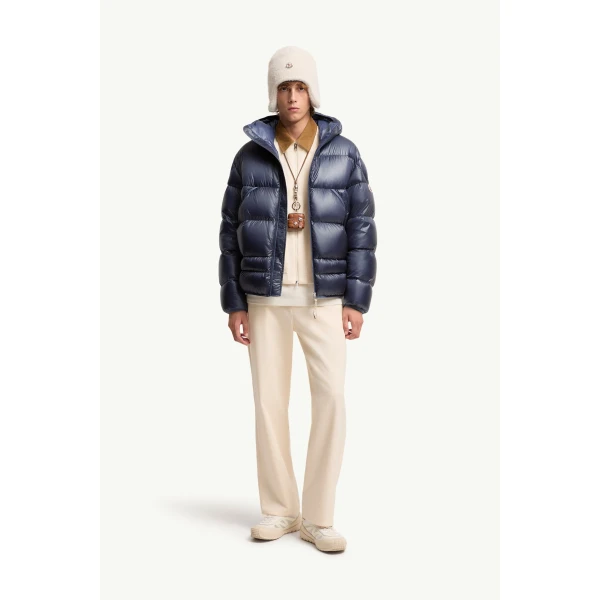 Moncler Anapo Hooded Short Down Jacket in Dusty Blue, view 2 | Men's Jackets | Coveti