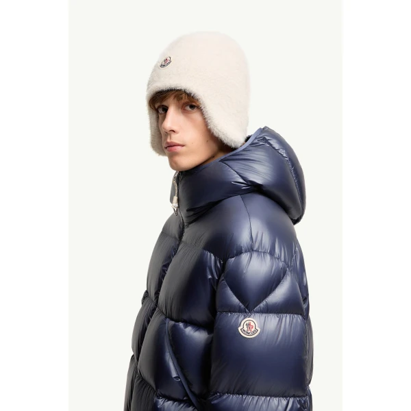 Moncler Anapo Hooded Short Down Jacket in Dusty Blue, view 3 | Men's Jackets | Coveti