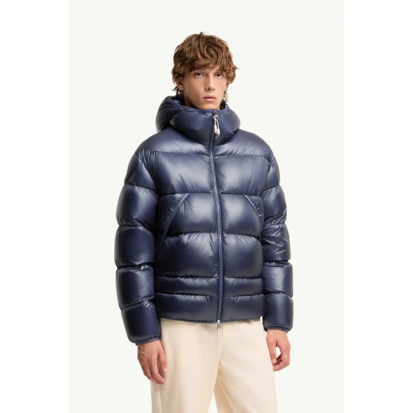 Moncler Anapo Hooded Short Down Jacket in Dusty Blue, view 4 | Men's Jackets | Coveti