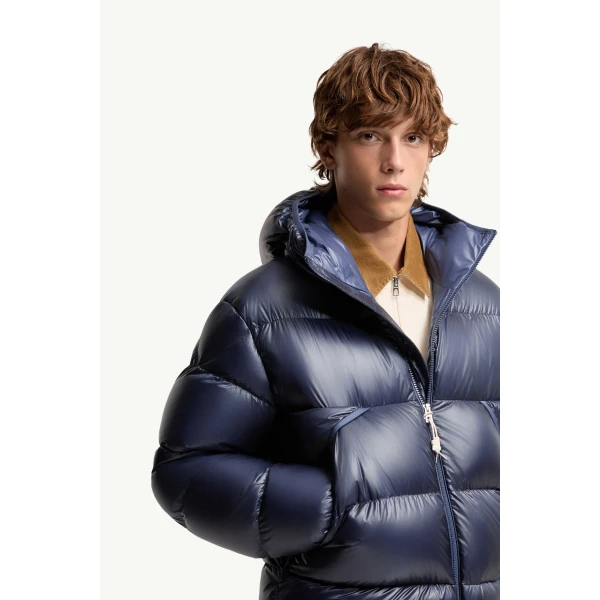Moncler Anapo Hooded Short Down Jacket in Dusty Blue, view 6 | Men's Jackets | Coveti