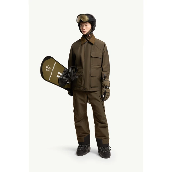 Moncler Andes Hooded Insulated Ski Jacket in Olive Green, view 2 | Men's Skiwear | Coveti