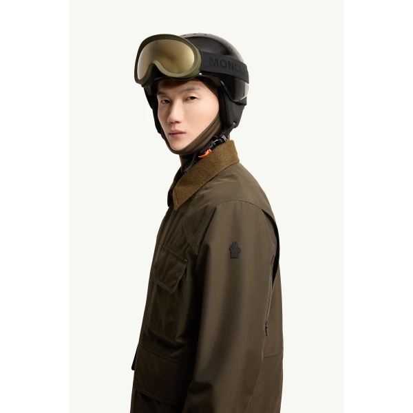 Moncler Andes Hooded Insulated Ski Jacket in Olive Green, view 3 | Men's Skiwear | Coveti