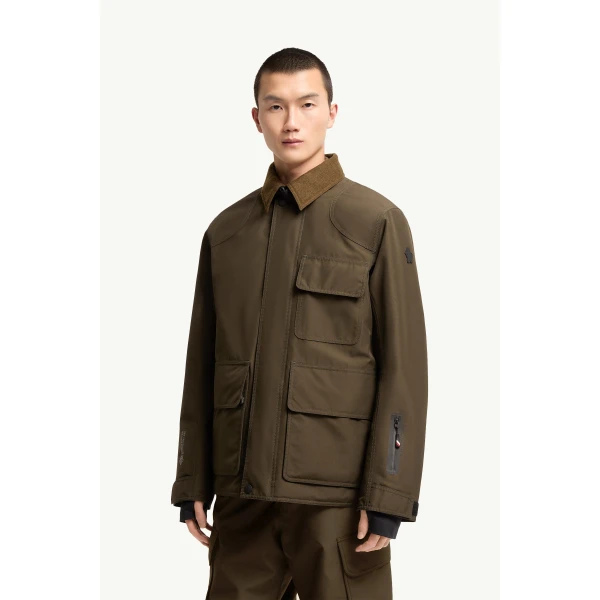 Moncler Andes Hooded Insulated Ski Jacket in Olive Green, view 4 | Men's Skiwear | Coveti