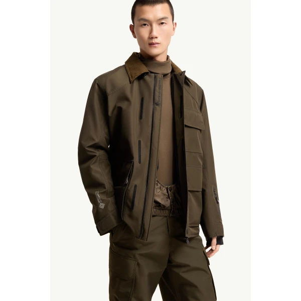 Moncler Andes Hooded Insulated Ski Jacket in Olive Green, view 6 | Men's Skiwear | Coveti
