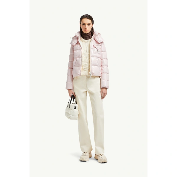 Moncler Andro Hooded Short Down Jacket in Pink, view 2 | Women's Puffer Jackets | Coveti
