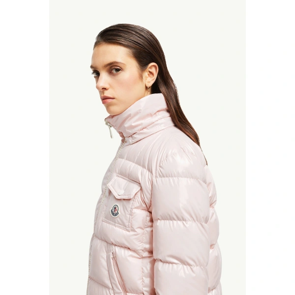 Moncler Andro Hooded Short Down Jacket in Pink, view 3 | Women's Puffer Jackets | Coveti