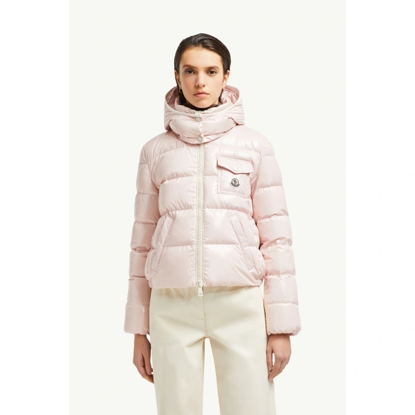 Moncler Andro Hooded Short Down Jacket in Pink, view 4 | Women's Puffer Jackets | Coveti