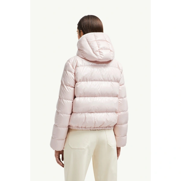Moncler Andro Hooded Short Down Jacket in Pink, view 5 | Women's Puffer Jackets | Coveti