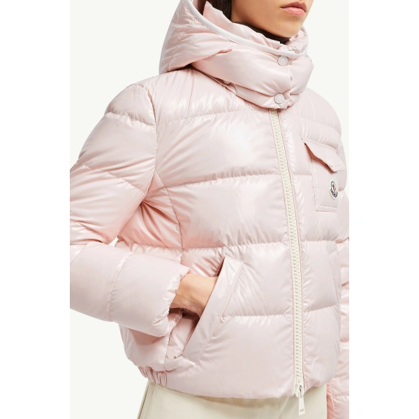 Moncler Andro Hooded Short Down Jacket in Pink, view 6 | Women's Puffer Jackets | Coveti