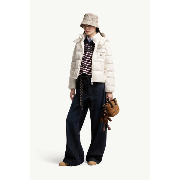Moncler Andro Hooded Short Down Jacket in White, view 2 | Women's Puffer Jackets | Coveti