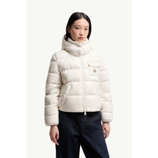 Moncler Andro Hooded Short Down Jacket in White, view 4 | Women's Puffer Jackets | Coveti