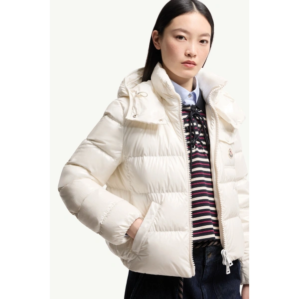 Moncler Andro Hooded Short Down Jacket in White, view 6 | Women's Puffer Jackets | Coveti