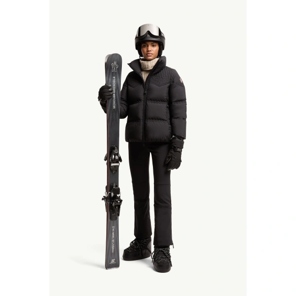 Moncler Anglins Leaf Embroidered Insulated Ski Jacket in Black, view 2 | Women's Ski Jackets | Coveti