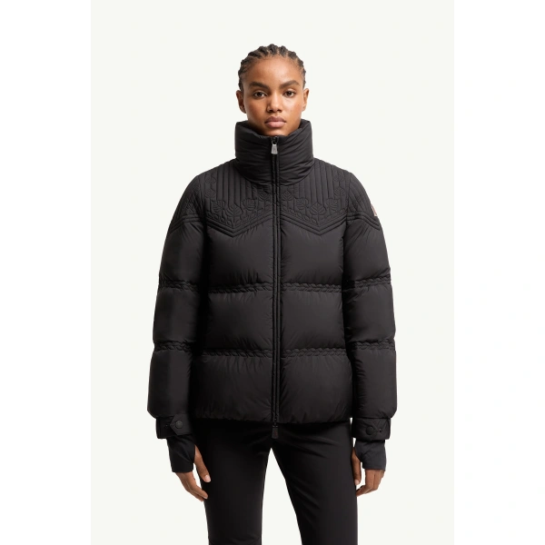 Moncler Anglins Leaf Embroidered Insulated Ski Jacket in Black, view 4 | Women's Ski Jackets | Coveti