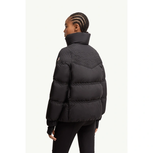 Moncler Anglins Leaf Embroidered Insulated Ski Jacket in Black, view 5 | Women's Ski Jackets | Coveti