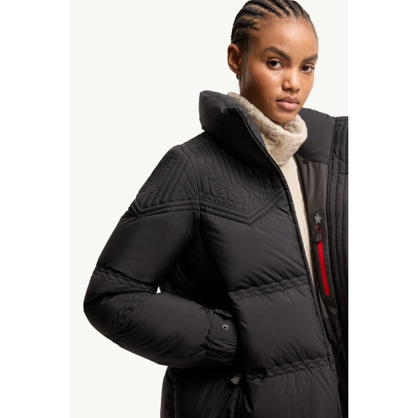 Moncler Anglins Leaf Embroidered Insulated Ski Jacket in Black, view 6 | Women's Ski Jackets | Coveti
